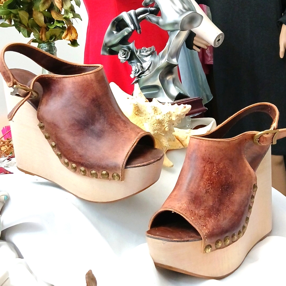 Jeffery Campbell wood distressed leather wedge